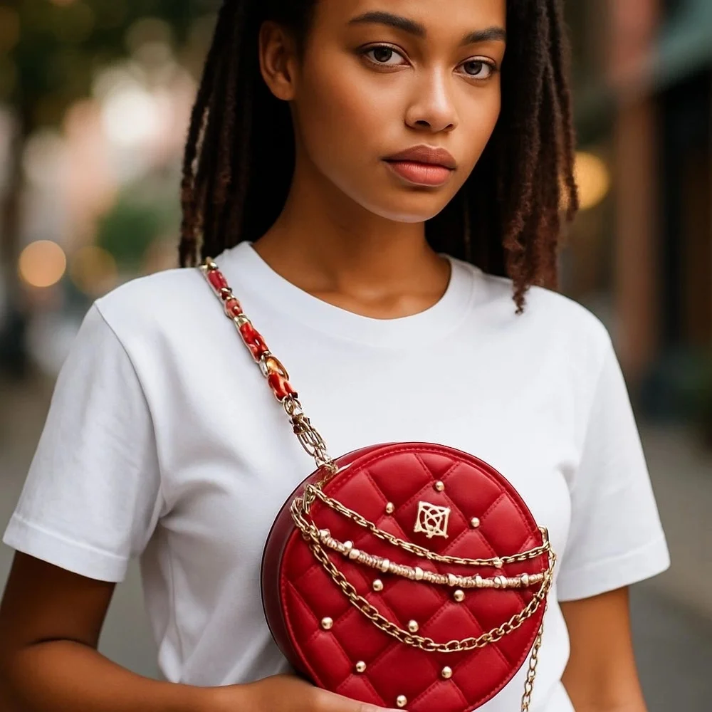 Badgley Mischka Red Quilted Mini Bag with Chain and Pearl Accents - Picture 2 of 4